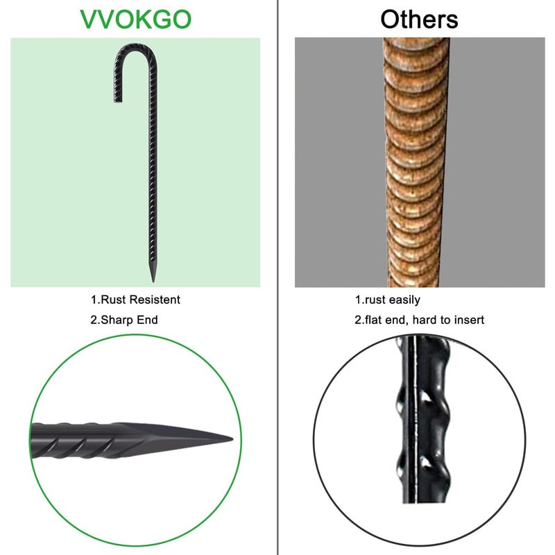 VVOKGO Rebar Stakes 12 Inch Heavy Duty J Hook 8 Pack, Galvanized Garden Tent Ground Stakes Steel Point End,Chain Link Fence Stakes for Dogs Digging Wire Fencing,Trampoline Stakes with Chisel,Black - Image 3